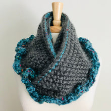 Load image into Gallery viewer, Gray + Blue Ruffle Infinity Scarf
