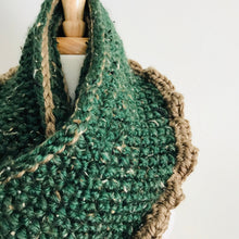 Load image into Gallery viewer, Green + Tan Ruffle Infinity Scarf
