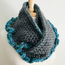 Load image into Gallery viewer, Gray + Blue Ruffle Infinity Scarf
